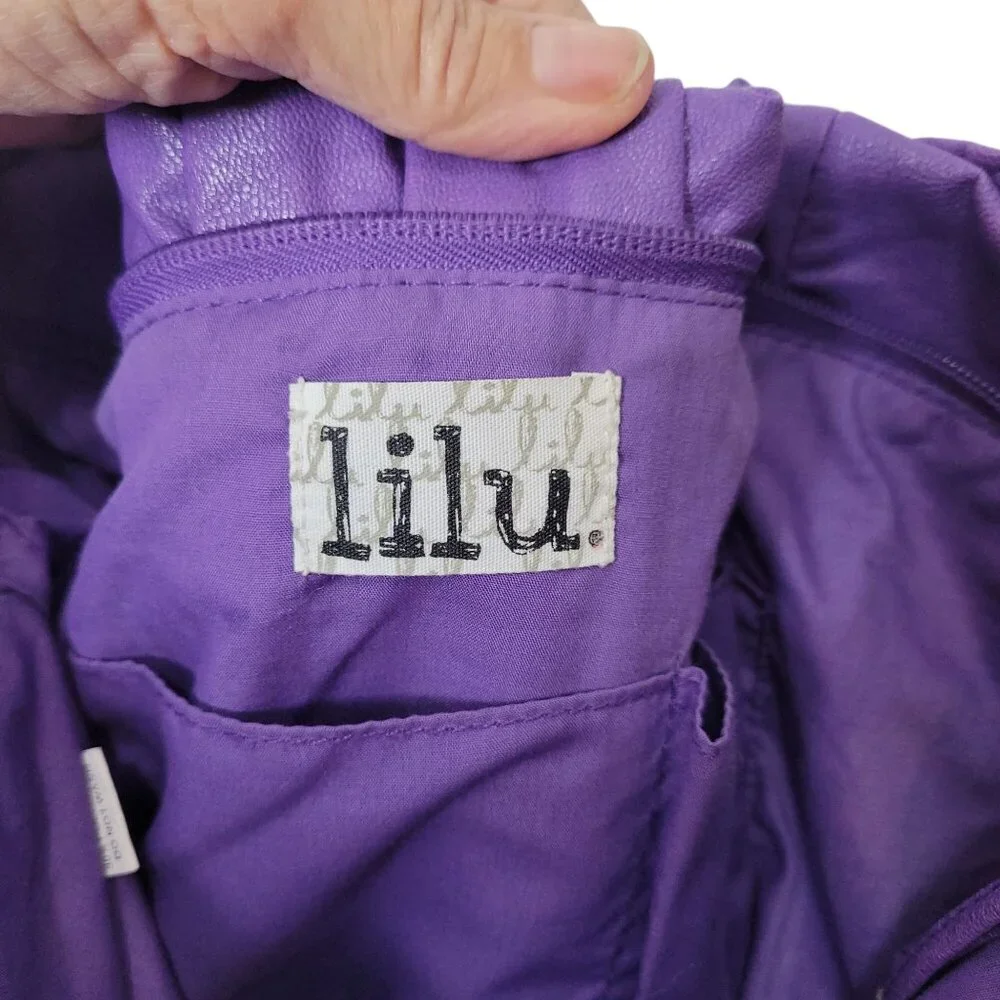 Lilu. Purple Faux Leather Hobo Shoulder Bag W/Dual Handles Gathered Top